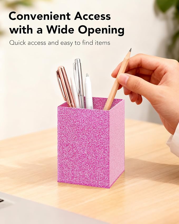 Rose Pink Glitter Acrylic Pen Holder, Acrylic Makeup Brush Storage Organizer, Pencil Pen Holder for Desk, Modern Desktop Accessories for Office School Home Supplies