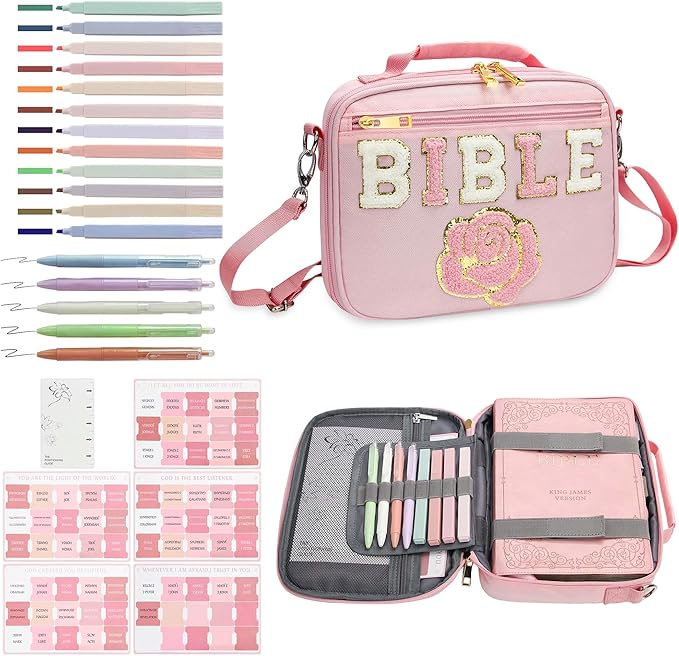 Bible Cover for Women, Bible Holder, Bible Cover Carrier Carrying Organizer Bag, Bible Study Supplies Accessories, Zipper and Pockets for Standard Size Bible, Gift for Women（pinkxiu）