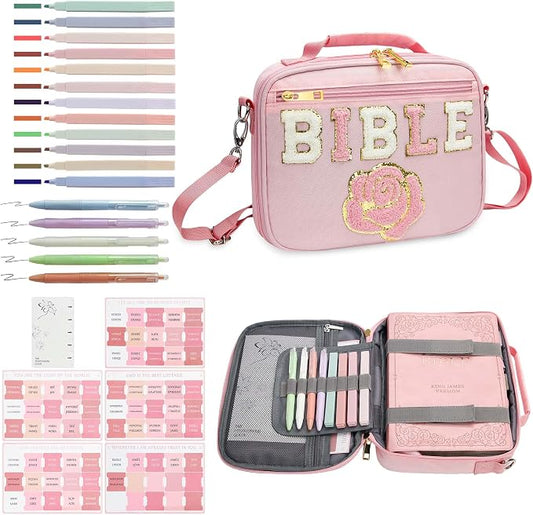 Bible Cover for Women, Bible Holder, Bible Cover Carrier Carrying Organizer Bag, Bible Study Supplies Accessories, Zipper and Pockets for Standard Size Bible, Gift for Women（pinkxiu）