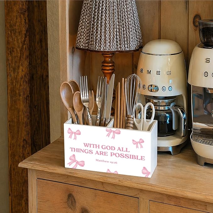 Christian Pen Pencil Holder for Desk Pink Bow Christian Gifts for Women Girls, Preppy Bible Verse Pencil Holders Wooden Box Organizer for Girls Room Bedroom Dorm Desk Tabletop