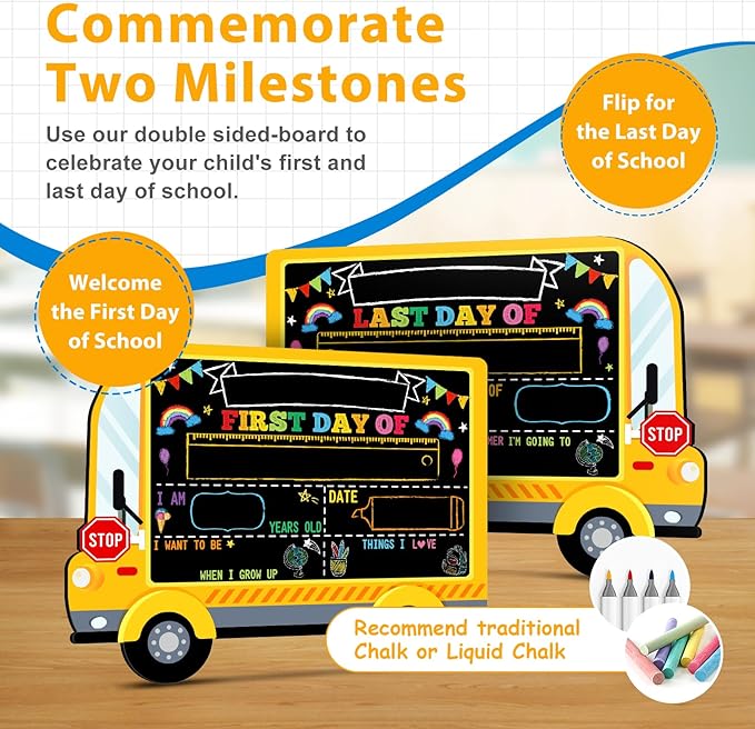 D4DREAM First Day of School Board - 14''x10.5'' Double-Sided Bus 1st First and Last Day of Preschool Pre-K Chalkboard Sign Reusable Back to School Sign Photo Prop Gift for Kids Son Daughter