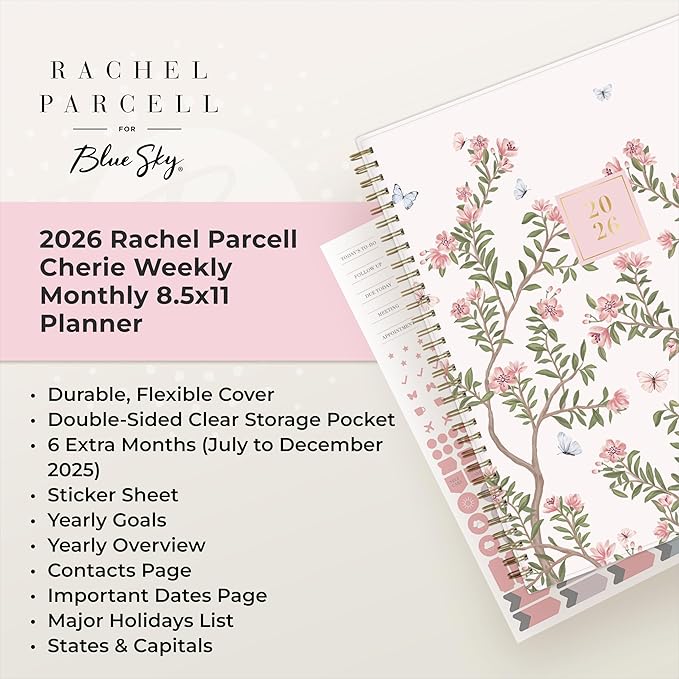 Blue Sky Rachel Parcell 2026 Weekly and Monthly Planner Calendar, January 2026 - December 2026, 8.5" x 11", Clear Pocket Cover, Durable Twin Wire Binding, Laminated Tabs, Pocket, Stickers, Cherie
