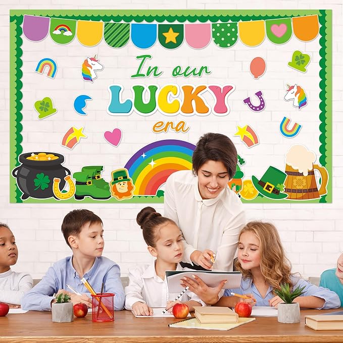 St. Patrick's Day Bulletin Board Decoration Lucky Shamrock Clover Gold Coin Rainbow Irish Clover Unicorn Cutouts March Classroom Bulletin Board Set for School Chalkboard Wall Door Decoration Favor