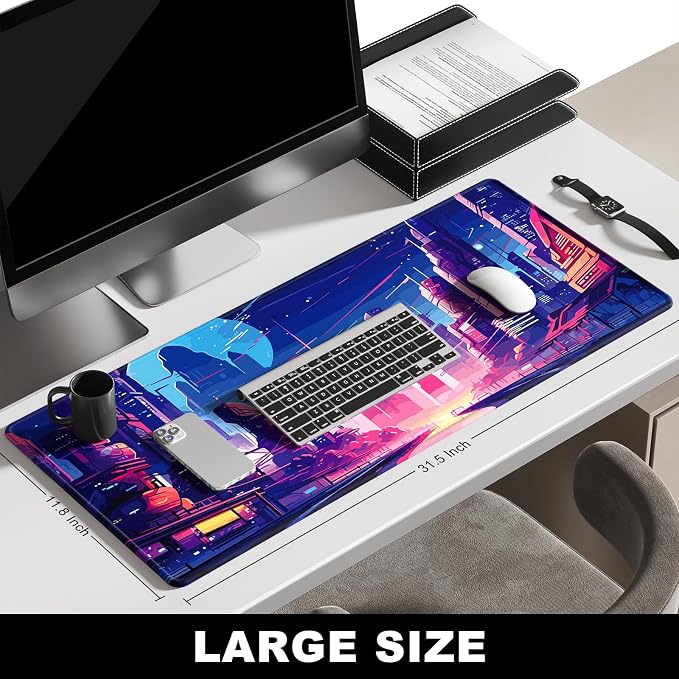 BOSOBO Large Mouse Pad, Desk Pad, XXL XL Extended Gaming Mouse Pad, Desk Mat for Office & Home, Long and HugeKeyboard Mat,Desktop Full Cover 31.5 x 11.8 Inches, Anime Tokyo Cyberpunk