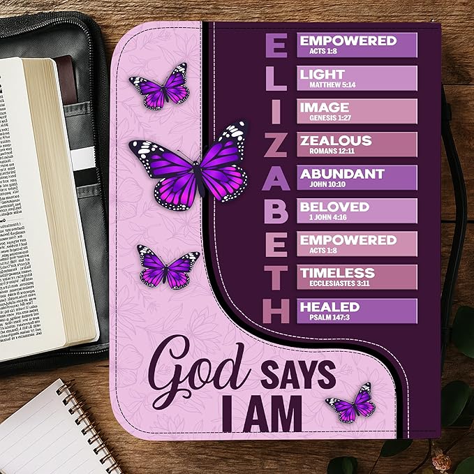 Custom Leather Bible Cover with Name – Personalized Bible Case for Women, Zippered with Handle, Bookmark & Storage Pockets, Christian Gift for Mom, Daughter, Grandma (Name - God Says I Am, M-2XL)