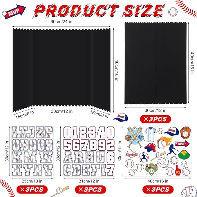 Tinlade 3 Set Baseball Senior Night Gifts Senior 2026 Photo Display Board 24" x 16" Trifold Poster Board with Baseball Themed Stickers for Graduation Picture Frame Sport Theme Party Supplies