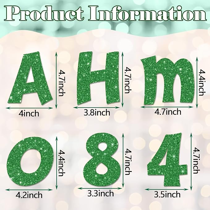 Colarr 216 Pcs Glitter Bulletin Board Letters for Classroom Number Alphabet Punctuation Symbol Cutout 4'' Die-Cut Poster Letter with Adhesive Dot School Graduation Party Summer Decor Display(Green)