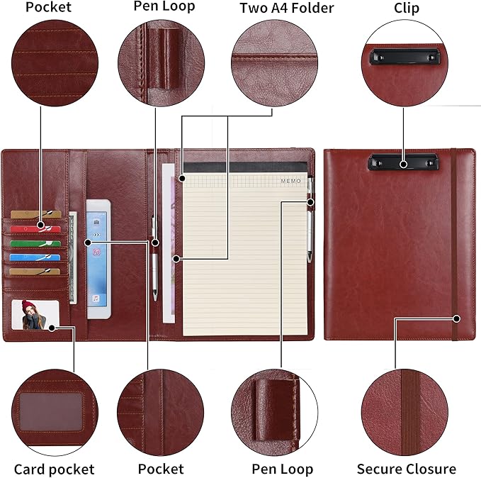 Wonderpool A4 PU Leather Clipboard Partfolio Notepad Forms Holders Document Case - Interview Planner Meeting Writing Padfolio File for Office Travel School Hotel Hospital (A4,Brown)