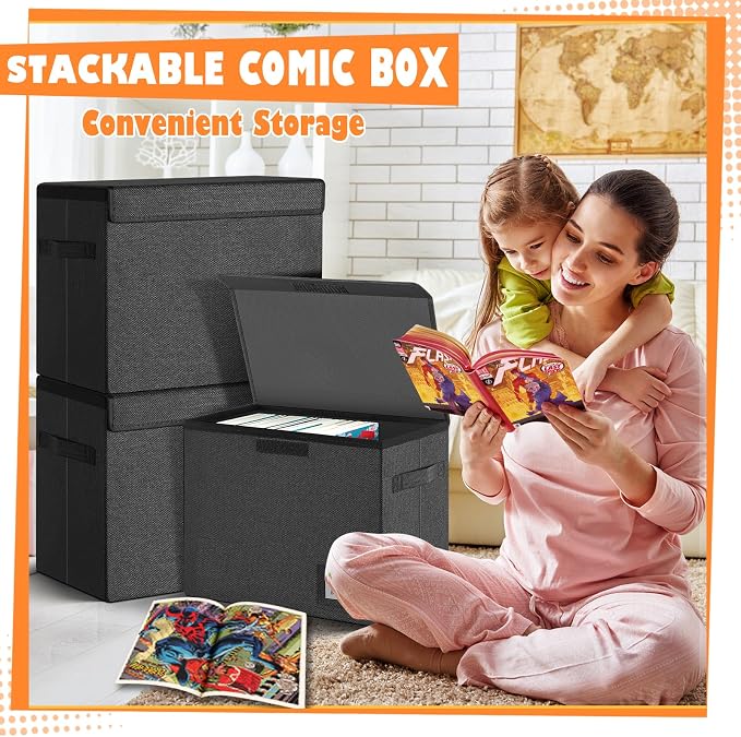 Leffis Comic Book Storage, Box 15.5" X 7.5" X 11.3", Collapsible Comic Short Box with Lids Holds 150 Comics Heavy Duty Comic Book Bin Container (2 pack, black)