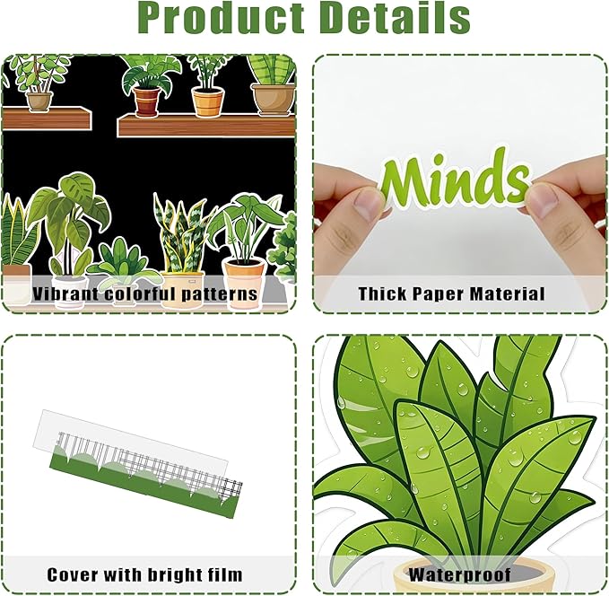 Greenery Bulletin Board Set – Potted Plant Motivational Cutouts with Great Minds Bloom Here – Classroom Decor for March, April, Library, Home, Window Walls & Teacher Party Supplies