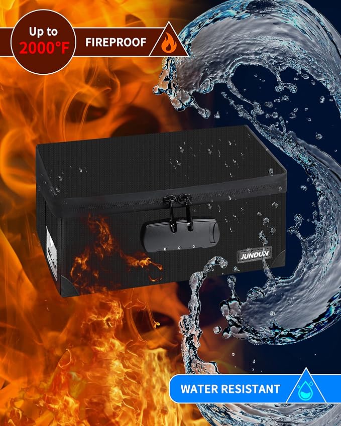 JUNDUN Fireproof Index Card Holder with Lock, Collapsible, Black, 4x6 Inch