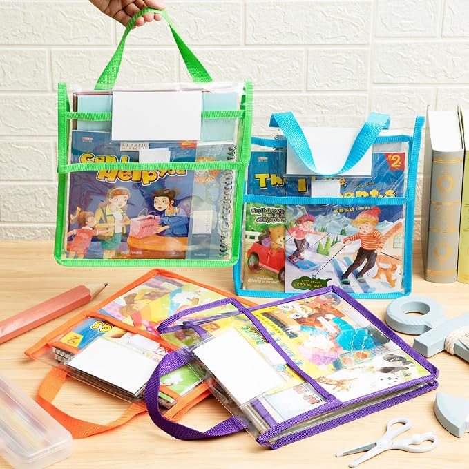 Teling 12 Pack 10 x 12 Inch Clear Book Pouches with Handles and Name Tags, Heavy Duty Reusable Library Book Bags for Classroom, Students Kids and Teacher Supplies (Bright Color)
