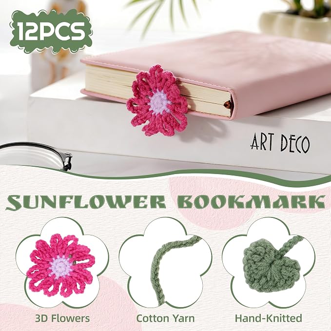12 Packs Personalized Flower Crochet Bookmarks,Daisy Sunflower Book Marker Appreciation Gifts for Teacher Reading Women Colourful Flower Book Tabs Supplies Bulk for Book Lovers Office Classroom Gifts