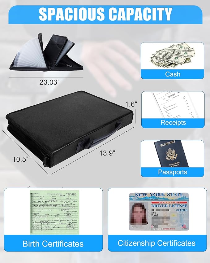 Fireproof Important Document Organizer Bag, a-z Accordion File Organizer 26 Pocket with Handle,Holder for Documents, Cash, Receipt, Birth Certificate, Passport, Citizenship Certificate, etc.