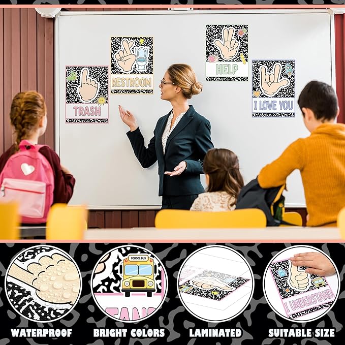 MotiMind 15 Pcs Classroom Hand Signal Cards Signal with Adhesive Tapes Decor Classroom Learning Bulletin Board Hand Signals Language Posters for Teachers Students Visual Cues(Composition Notebook)