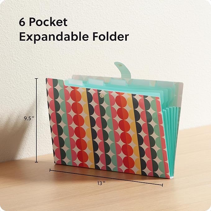 U Brands Poly 6 Pocket Expandable Folder with Tabs, Colorful Cubist, 1 Count, 1/5-cut tabs and 14 Blank Adhesive Labels