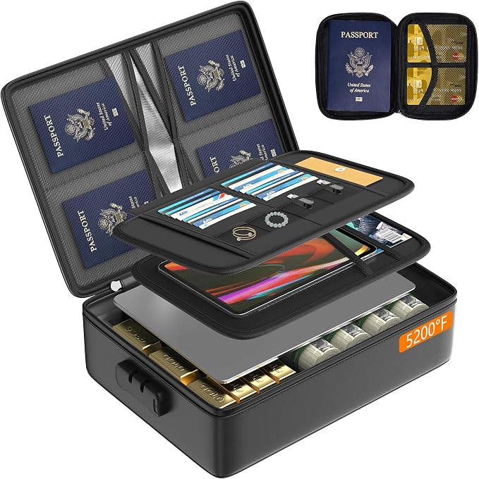 Grothery 5200°F Fireproof Document Organizer with Lock Fireproof & Waterproof File Organizer Box 8 Layer Heat Insulated Aluminum Foil Important Document Box Fire Proof Passport Travel Doc Holder Black