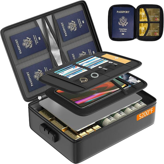 Grothery 5200°F Fireproof Document Organizer with Lock Fireproof & Waterproof File Organizer Box 8 Layer Heat Insulated Aluminum Foil Important Document Box Fire Proof Passport Travel Doc Holder Black
