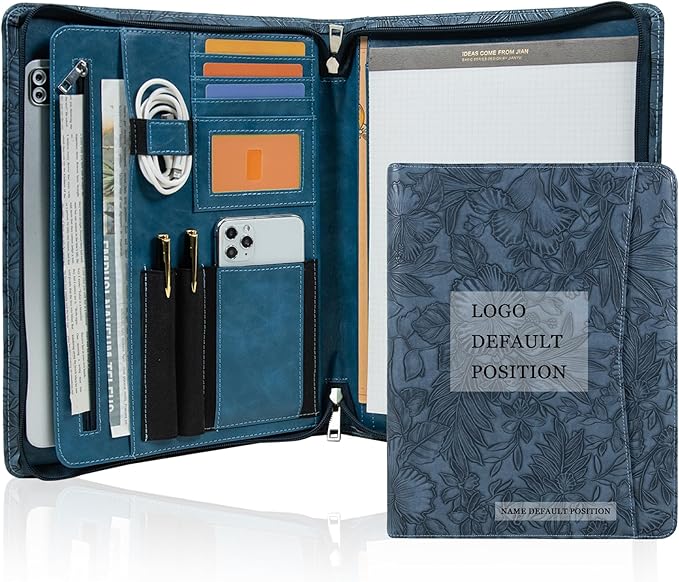 Free Engraved Name, Personalized Portfolio, PU Leather Resume Zippered Padfolio, Business Document Organizer Folder with A4 Notepad Holder, Custom Printing Gift for Woman/Men, Customized(Dark Blue)