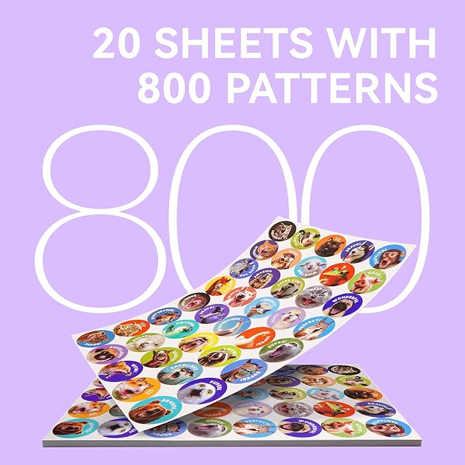 800 PCS Dotimo Funny Animal Stickers for Kids - 40 Designs Waterproof Reward Stickers, Durable Classroom & Homeschool Supplies for Teachers, Positive Reinforcement Chart Decor (20 Sheets)
