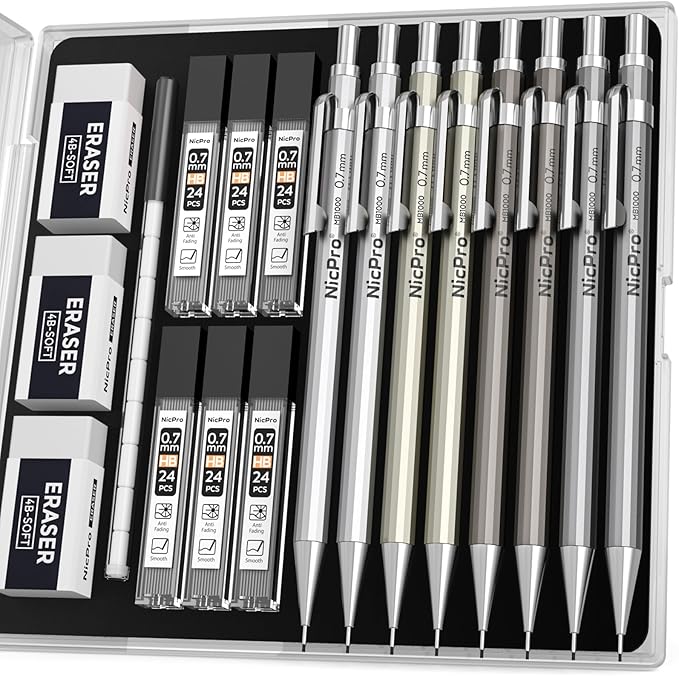 Nicpro 8 Pack Mechanical Pencil 0.7mm with Case, MB1000 Metal Mechanical Pencil Set with 6 Tube HB #2 Lead Refill 0.7 mm, 3PCS 4B Eraser, 9 Cap Eraser for Artist Drafting Writing, Sketching, Drawing