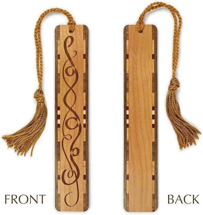 Ribbons Wooden Bookmark | Elegant Interwoven Ribbon Scrollwork Pattern | Ornamental Engraved Bookmark Gift for Book Lovers, Readers and Librarians | Handmade Wood Bookmark with Tassel | Made the USA