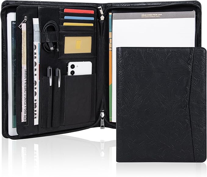 AZXCG Leather Portfolio with Zipper, Embossed PU Leather Padfolio Folio, Professional Business Document Organizer with A4 Letter Sized Writing Pad Holder(Black)