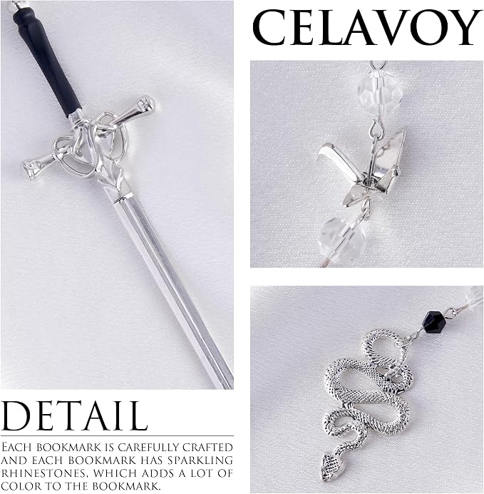 Fantasy Sword Metal Bookmark - Unique Snakes Crane Charm Book Marks Crystal Beads Chain Page Mark Bookish Birthday Gifts School Reading Accessories for Women Students Teachers Lovers Readers