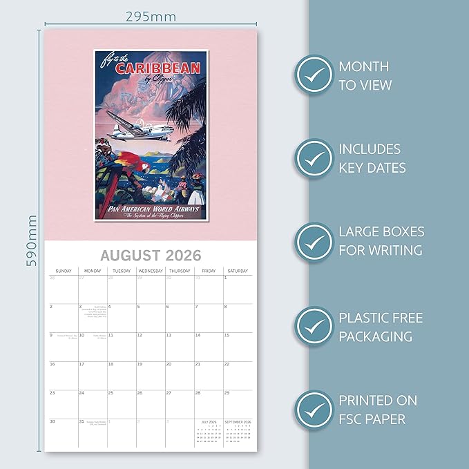 Gifted Stationery Co, Vintage Travel Posters 2026 Wall Calendar, 12'' X 12'', 16-Month Calendar with Stapled Binding