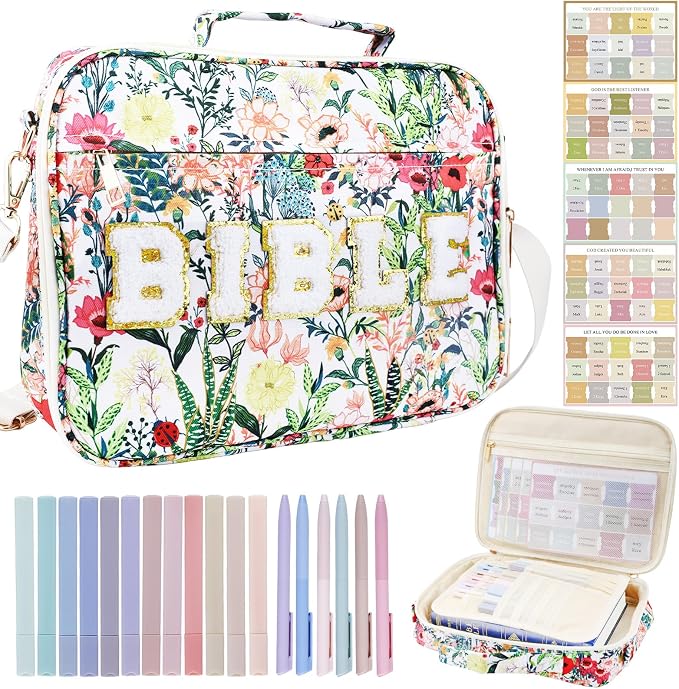 Large Bible Cover Case for Women, 12 x 9 x 2.5 Inch Letter Bible Bag with Shoulder Strap Carrying Bag with Tabs 6 Colored Pens 12 Highlighters, Back to School Study Supplies Christian Church Gifts