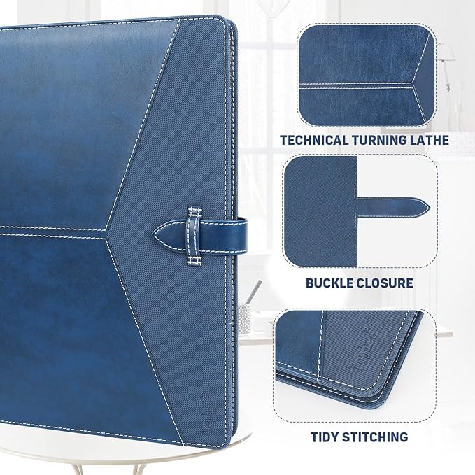 Toplive Padfolio 3 Ring Binder Organizer Business Portfolio Folder for Women, A4/ Letter Size PU Leather Portfolio Padfolio for Interview Conference Presentation (Blue -with Clipboard)