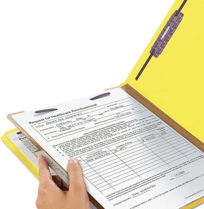 Smead Pressboard Classification File Folder with SafeSHIELD Fasteners, 1 Divider, 2" Expansion, Letter Size, Yellow, 10 per Box (13734)
