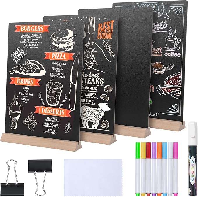 8 x12 Inch Tabletop Chalkboard Sign with Base Stand, Menu Chalk Board Sign Store Food Signs, Message Boards for Party, Wedding, Tables Decoration, Bar and Restaurant (4 Pack)