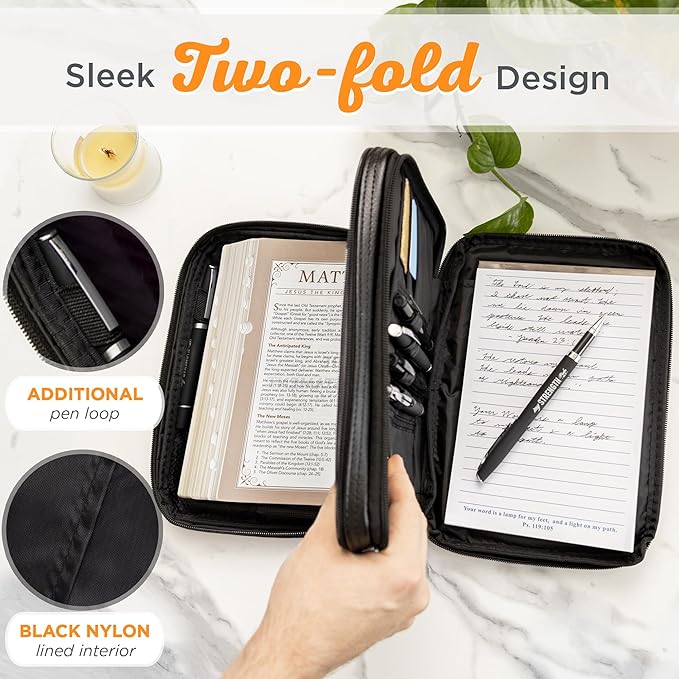 Christian Art Gifts Faux Leather Bible Cover for Men and Women | Ichthus Jesus Fish Emblem Zippered Two-Fold Organizer Case for Bible or Book w/Handle