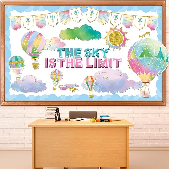 Hot Air Balloon Bulletin Board The Sky is The Limit Classroom Bulletin Board Decorations Colorful Hot Air Balloon Cloud Cutouts Decorations for Back to School Office Home Chalkboard Decor Wall Door