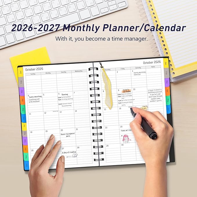 Daily Planner 2026-2027, 18-Month Weekly and Monthly Calendar Planner, Jan 2026 - Jun 2027, 5.7" x 8.3", Flexible Cover, Wirebound, Laminated Tabs, Black