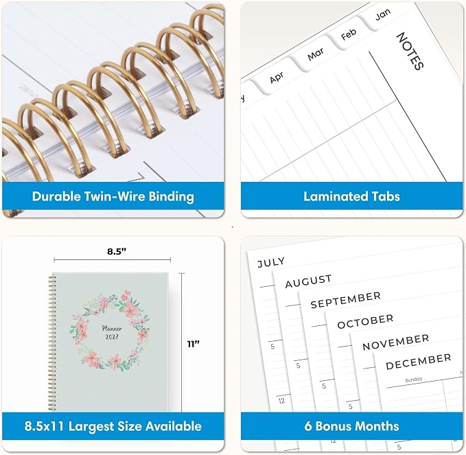 Blue Sky 2027 Weekly and Monthly Planner Calendar, January 2027 - December 2027, 8.5" x 11", Flexible Cover, Laminated Tabs, Durable Twin Wire Binding, Storage Pocket, Laurel