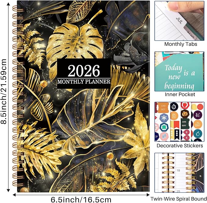 Planner 2026 - Weekly and Monthly Calendar Academic Planner, 2026 Yearly Daily Calendar Planning Agenda Book with Month Tabs, Jan to Dec 2026, With Stickers for Home Office School, 6.5" x 8.5" (Golden leaves)