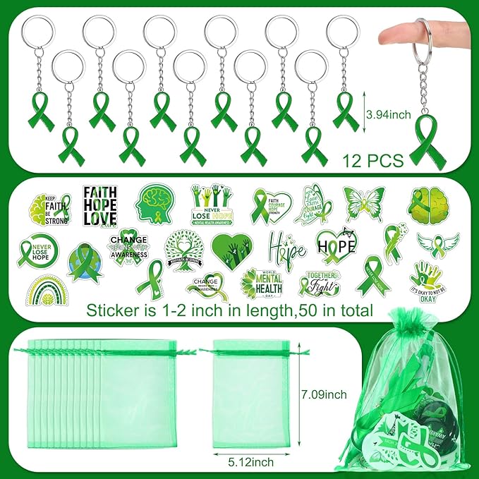 122 Pcs Ribbons Awareness Accessories Includes Ribbons Bracelets Stickers Pins Pens Keychain for School Charity Fundraiser Public Activities Supplies(Mental Health,Green)