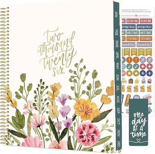 bloom daily planners 2026 Planner (January to December) - 8.5” x 11” Weekly & Monthly Dated Agenda Organizer Book with Stickers & Tabs - Flexible Soft Cover - Beige Bouquet