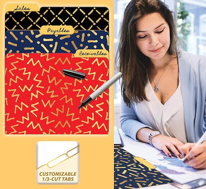 Better Office Products Decorative File Folders with Gold Foil, 18 Pack, 9 Geometric Designs, Red/Black/Blue Color Theme, Heavyweight, Letter Size (9.5" x 11.5") with 1/3 Cut Tab, Fashion Folders