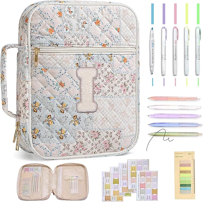 Personalized Initial Bible Cover Case for Women – Large Quilted Bible Bag with Handle, Chenille Letter, Bible Study Kit, Christian Gift for Mom, Grandma & Daughter (Patchwork Floral-I)