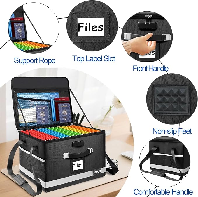 Upgraded Fireproof File Box with Stay-Open Straps, Fireproof Document Box with Lock, Portable File Organizer Filing Cabinet with Handles for Hanging Letter/Legal Folder, 15.5" x 12.3" x 10.5" | Fireproof