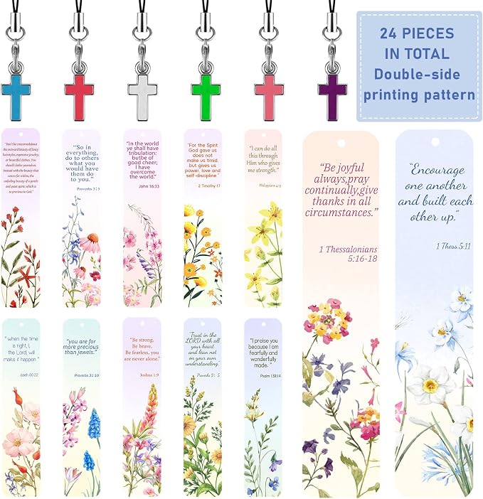 24 Pcs Bible Verses Bookmark with Cross Pendants Christian Bookmarks for Women Inspirational Scripture Book Marks Positive Flower Marker Motivational Religious Gifts for Church Reading Supplies