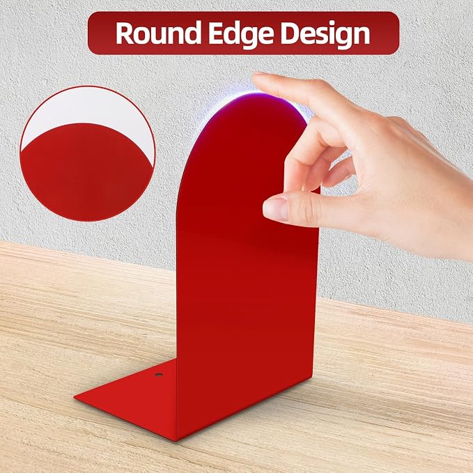 Lulonpon 8 Pieces Book Ends, Bookends, Books Stand, Metal Bookend for Shelves, Red Book Ends for School, Library, Desktop Organizer