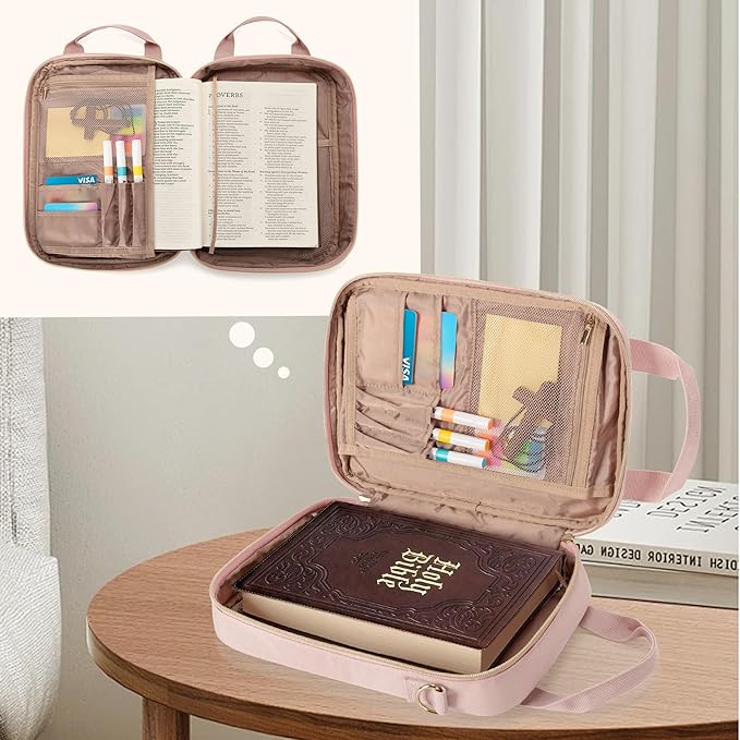 Teamoy Bible Cover Case for Women Men, Bible Book Cover Church Bag Carrying Case with Shoulder Strap, Pink Quilted
