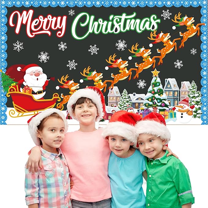 Pezutoi Christmas Bulletin Board Decoration Set Merry Christmas Santa Reindeer Xmas Elk Snowflakes for Winter Christmas Party Supplies School Chalkboard Wall Decor