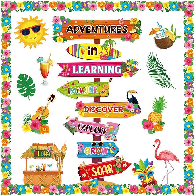 Epakh Summer Adventure in Learning Bulletin Board Sets Hawaiian Signpost Classroom Decorations Aloha Luau Tiki Paper Cutouts with Hawaii Flower Borders for Door Wall Back to School Office Supplies