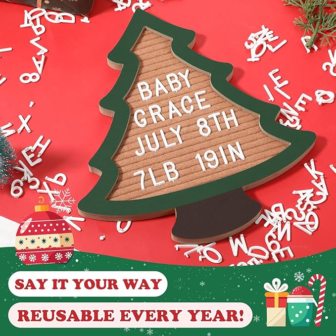 Changeable Felt Letter Board with Letters Christmas Tree Designs Photo Props Xmas Supplies Holiday Mugshot Sign Baby Announcement, Message Board Decor Farmhouse Milestones Kids