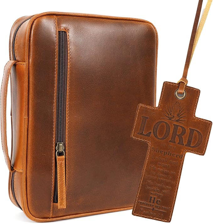 ELIZO Leather Bible Cover for Men Bible Case Women Holder Carrying Organizer Wrap Sleeve Protector Christian Religious Gift Cross Bookmark – Study Cognac